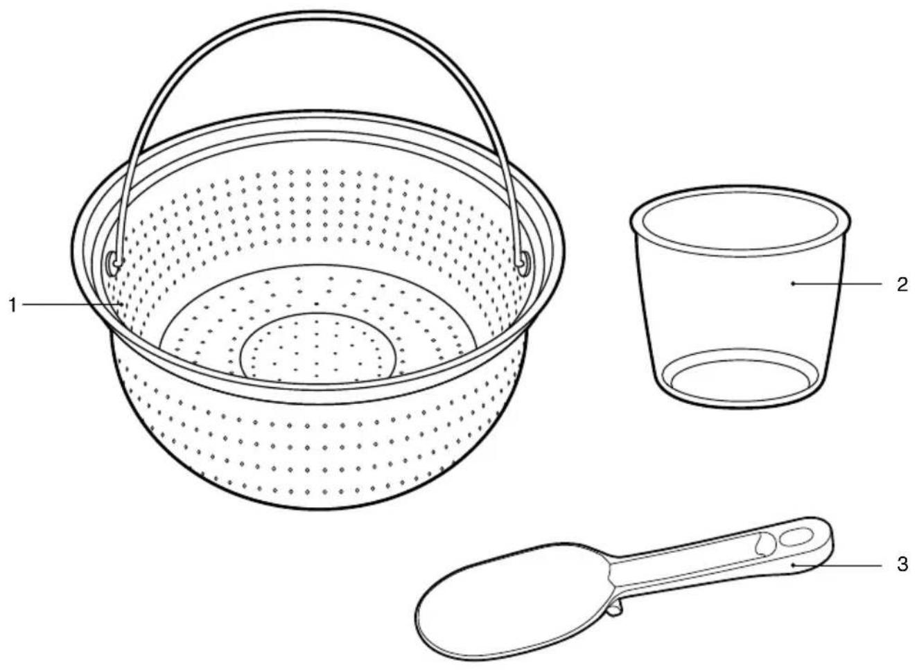 Technical line drawing of a basket, cup, and spoon with labeled parts