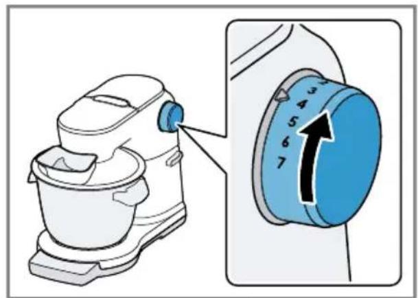 Diagram showing a kitchen mixer with a blue control knob labeled 3 to 7, and an arrow indicating rotation.