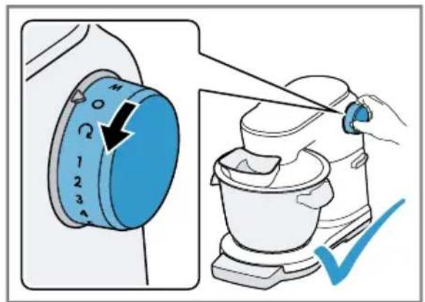 Illustration showing a blue dial with number 2 being adjusted to a kitchen mixer, with a checkmark indicating the process.