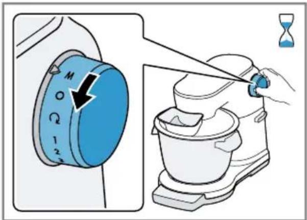 Illustration showing a hand pouring liquid into a kitchen mixer, with a blue control dial labeled M and Q.