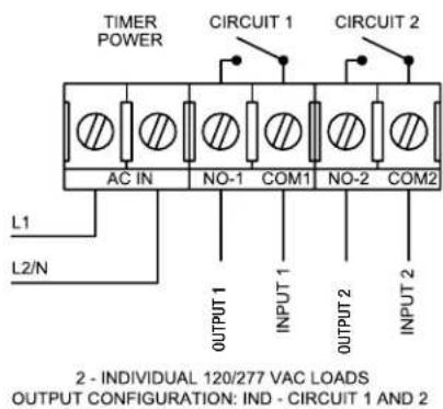 TIMER POWER CIRCUIT 1 CIRCUIT 2 L1 L2/N AC IN NO-1 COM1 NO-2 COM2 OUTPUT 1 INPUT 1 OUTPUT 2 INPUT 2 2 - INDIVIDUAL 120/277 VAC LOADS OUTPUT CONFIGURATION: IND - CIRCUIT 1 AND 2