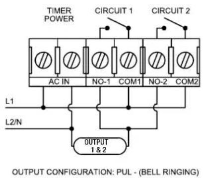 TIMER POWER CIRCUIT 1 CIRCUIT 2 AC IN NO-1 COM1 NO-2 COM2 L1 L2/N OUTPUT 1 & 2 OUTPUT CONFIGURATION: PUL - (BELL RINGING)