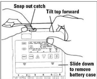 Snap out catch Tilt top forward Slide down to remove battery case