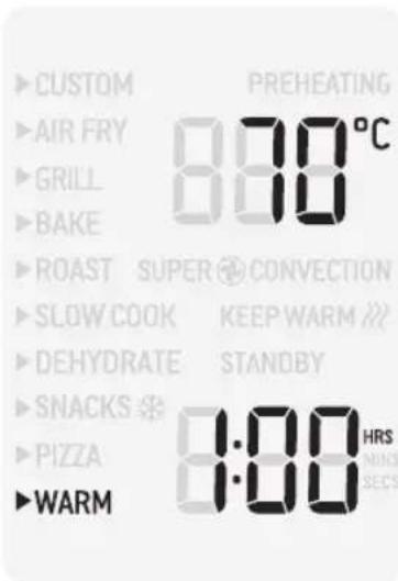 CUSTOM PREHEATING AIR FRY 8:00°C GRILL BAKE ROAST SUPER CONVECTION SLOW COOK KEEP WARM DEHYDRATE STANOBY SNACKS PIZZA WARM 1:00 HRS NINGS SECS