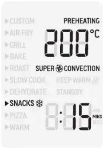 PREHEATING 200°C SUPER CONVECTION SLOW COOK KEEP WARM DEHYDRATE STANDBY SNACKS 8:35 MINS PIZZA WARM