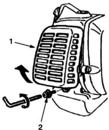 Diagram of a vehicle seatbelt with labeled parts and directional arrows indicating movement or adjustment.