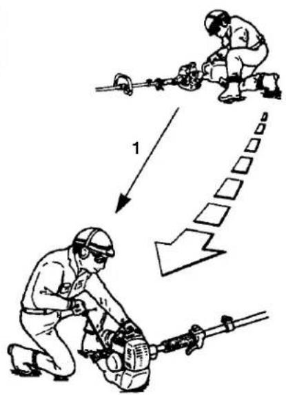 Diagram illustrating a manual labor process with workers and a tool, showing step 1 of the process.