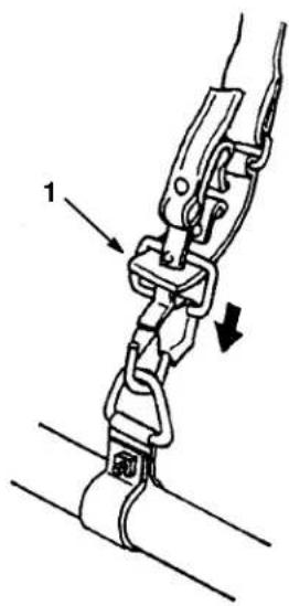 Technical diagram showing a mechanical clamp or spring mechanism with labeled component '1' and directional arrows indicating motion.