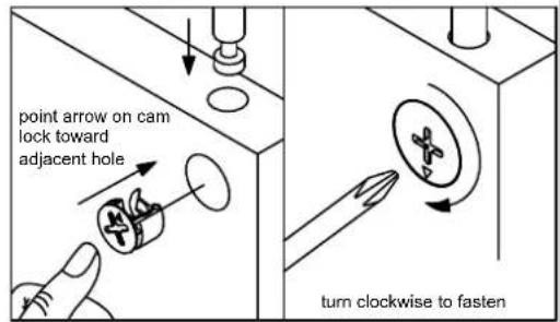 point arrow on cam lock toward adjacent hole turn clockwise to fasten