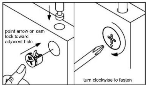 point arrow on cam lock toward adjacent hole turn clockwise to fasten