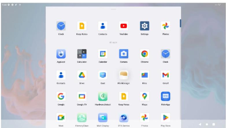 Clock Keep Notes Contacts YouTube Settings Photos All apps Applicet Calculator Calendar Camera Chrome Clock Contacts Drive Gout File Manager Files Email Google Google TV Handprint/Detect Keep/Video Maps Mac# MemoryClean Multi-Display DTA Service Photo Play Store