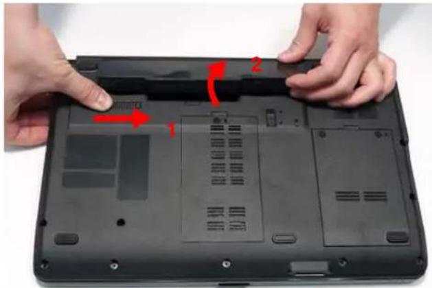 Close-up of hands installing or adjusting a laptop back panel with red arrows indicating components (no text or symbols visible)