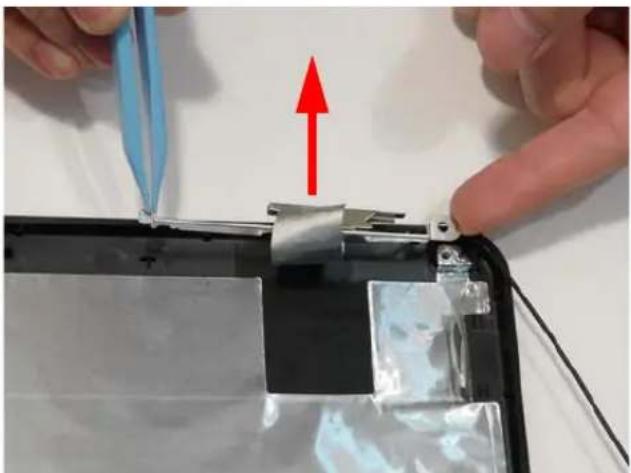 Close-up of hands installing a battery cover with a red upward arrow, no visible text or symbols