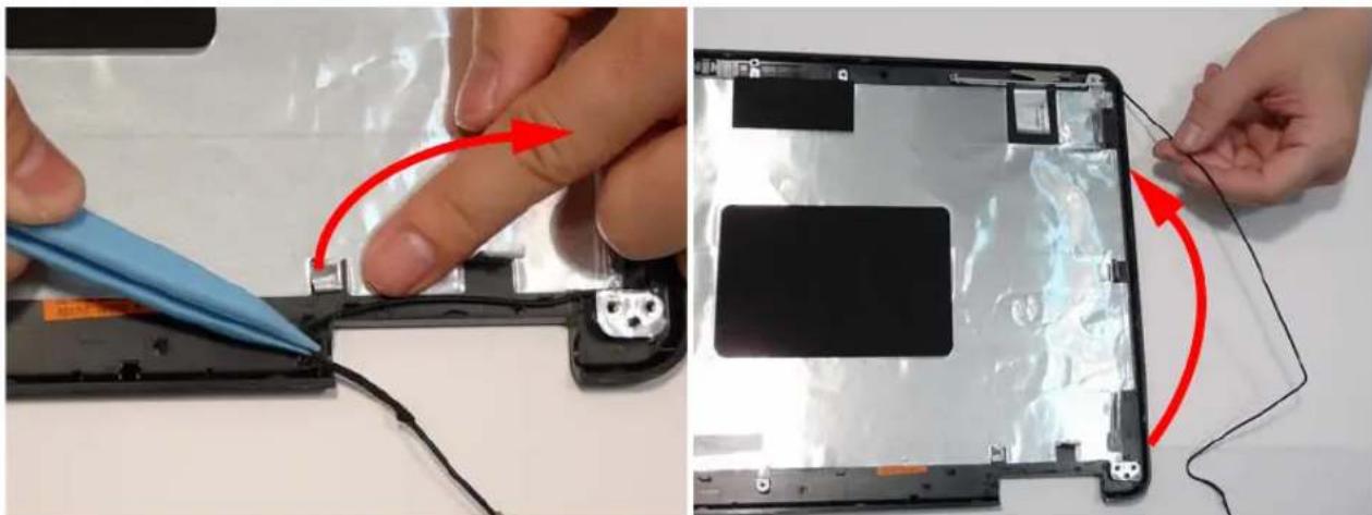 Two-panel image showing hands assembling a laptop with visible circuit board and cable, no text or symbols present.