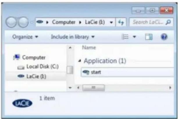 Computer > LaCie (L) Search LaCL... Organize Include in library Name Application (1) start 1 item