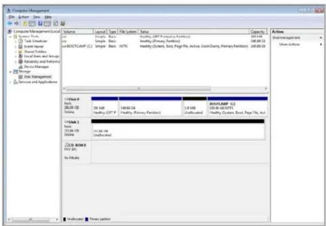 Computer Management File Edit View Help Computer Management Local System Tools Task Scheduler Event Manager Shared folders Local Bars and Settings Status and Features Device Manager Storage Unit Management Services and Applications Volume Layout Type File System Status Capacity 200.4KB Healthy (WPP Protective, Furniture) 136.58 GB Healthy (Primary, Furniture) Healthy (System, Text, Page File, Active, CrashDump, Primary Function) 130.59 GB Auto Management Active Actions L/OAA-9 Basic 36.09 GB Dining 20 MB Healthy (37.7) 164.03 GB Healthy (Primary, Furniture) 13 MB Unallocated BOUTLABP 12 35.09 GB Healthy (System, Text, Page Files, Auto) 35.09 GB Unallocated CD-ROM 9 DVD 50 No Media Unallocated Primary portion