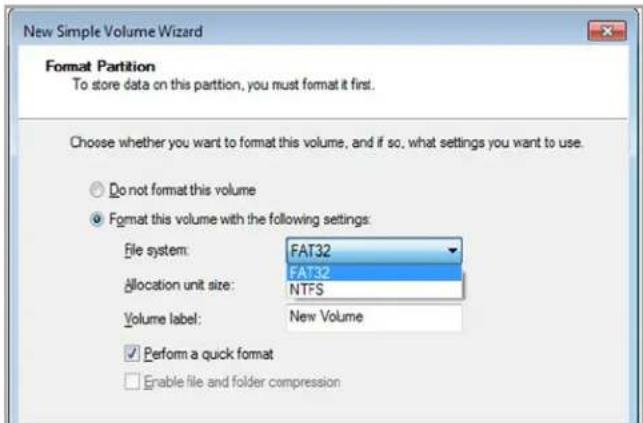 New Simple Volume Wizard Format Partition To store data on this partition, you must format it first. Choose whether you want to format this volume, and if so, what settings you want to use. Do not format this volume Format this volume with the following settings: File system: FAT32 Allocation unit size: FAT32 NTFS Volume label: New Volume Perform a quick format Enable file and folder compression