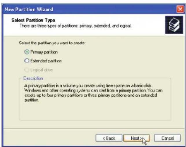 New Partition Wizard Select Partition Type There are three types of partitions: primary, extended, and logical. Select the partition you want to create: ○ Primary partition ○ Extended partition ○ Logical drive Description A primary partition is a volume you create using free space on a basic disk. Windows and other operating systems can start from a primary partition. You can create up to four primary partitions or three primary partitions and on extended partition. < Back Next > Cancel