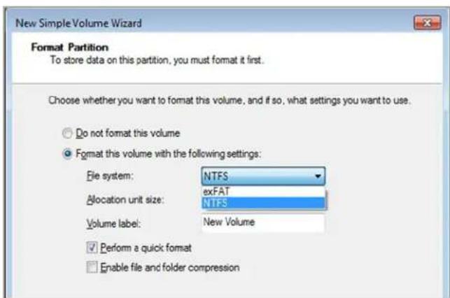 New Simple Volume Wizard Format Partition To store data on this partition, you must format it first. Choose whether you want to format this volume, and if so, what settings you want to use. Do not format this volume Format this volume with the following settings: File system: NTFS exFAT Allocation unit size: NTFS Volume label: New Volume Perform a quick format Enable file and folder compression