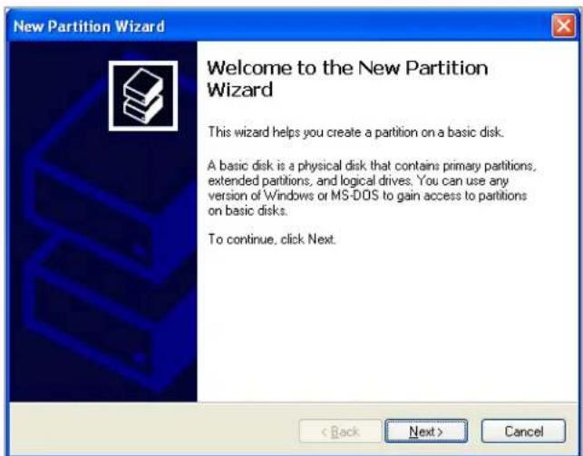 New Partition Wizard Welcome to the New Partition Wizard This wizard helps you create a partition on a basic disk. A basic disk is a physical disk that contains primary partitions, extended partitions, and logical drives. You can use any version of Windows or MS-DOS to gain access to partitions on basic disks. To continue, click Next.