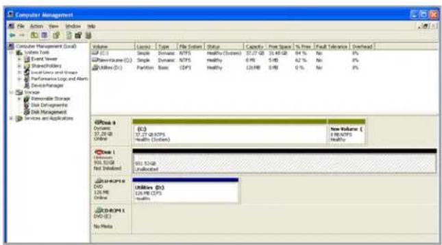 Computer Management File Action View Window Help Volume Layout Type File System Status Capacity-Free Space % Free Fruit Tolerance Overhead C:\Users\Tools Event Never Shared/Unused Local Users and Storage Performance Log and Alerts Decks/Manager Storage Removable Storage Unit Diagnostics Disk Management Services and Applications C:\Users\Tools 37.20 GB UNITS New Volume 1 3.4 MB NTFS Healthy C:\Users\Tools 500.50 GB Not Unloaded UNITS (C) 126 MB CFPS Healthy C:\Users\Tools 126 MB CFPS Healthy C:\Users\Tools 126 MB CFPS Healthy C:\Users\Tools 126 MB CFPS Healthy