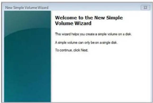 New Simple Volume Wizard Welcome to the New Simple Volume Wizard This wizard helps you create a simple volume on a disk. A simple volume can only be on a single disk. To continue, click Next.