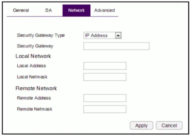 General SA Network Advanced Security Gateway Type IP Address Security Gateway Local Network Local Address Local Netmask Remote Network Remote Address Remote Netmask Apply Cancel