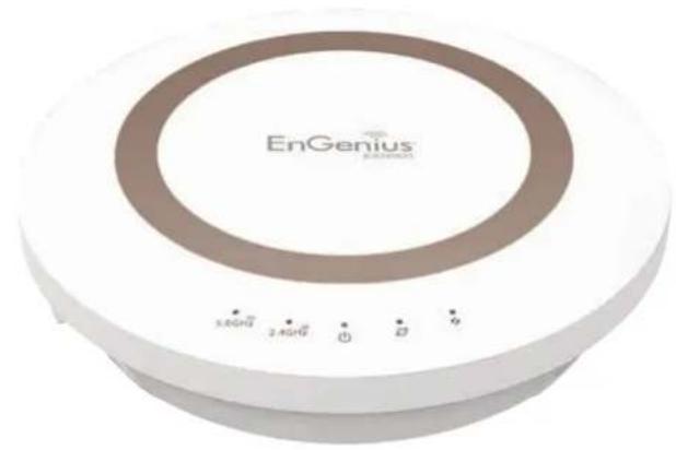 Exterior view of a white EnGenius brand electronic device with circular top and control buttons (no readable text or symbols beyond branding)