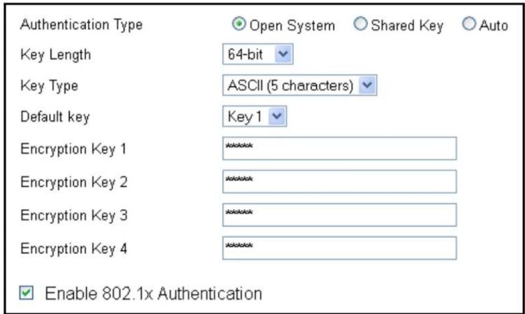 Authentication Type Open System Shared Key Auto Key Length 64-bit Key Type ASCII (5 characters) Default key Key 1 Encryption Key 1 ***** Encryption Key 2 ***** Encryption Key 3 ***** Encryption Key 4 ***** Enable 802.1x Authentication