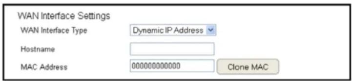 WAN Interface Settings WAN Interface Type Dynamic IP Address Hostname MAC Address 00000000000 Clone MAC