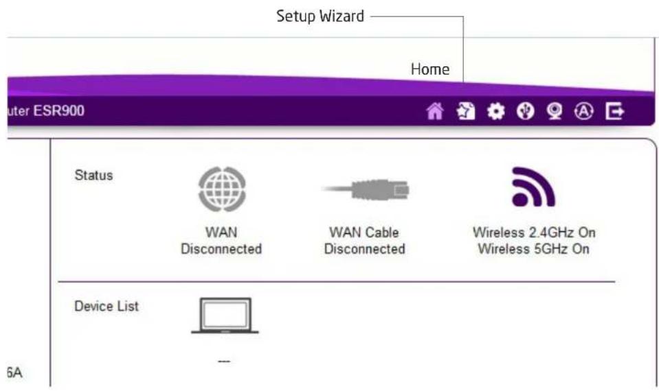 Setup Wizard Home Outer ESR900 Status WAN Disconnected WAN Cable Disconnected Wireless 2.4GHz On Wireless 5GHz On Device List 6A