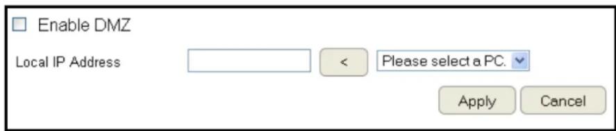Enable DMZ Local IP Address < Please select a PC. Apply Cancel