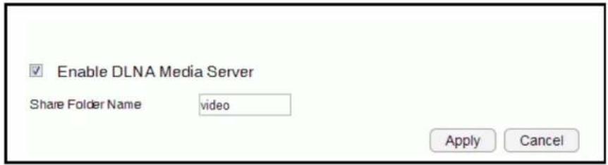 Enable DLNA Media Server Share Folder Name video Apply Cancel