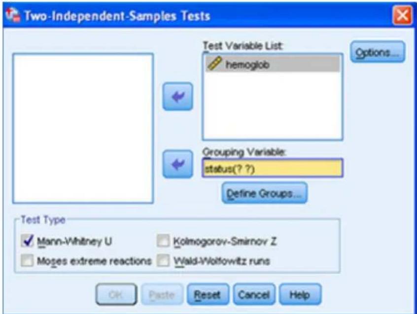 Two-Independent-Samples Tests Test Variable List: hemoglobin Options... Grouping Variable: status(?) ? Define Groups... Test Type Mann-Whitney U Kolmogorov-Smirnov Z Moses extreme reactions Wald-Wolfowitz runs OK Paste Reset Cancel Help
