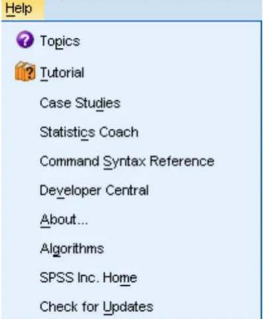 Help ? Topics ? Tutorial Case Studies Statistics Coach Command Syntax Reference Developer Central About... Algorithms SPSS Inc. Home Check for Updates