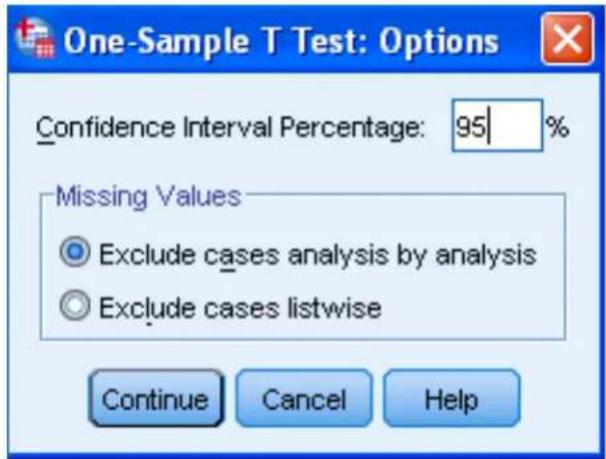 One-Sample T Test: Options Confidence Interval Percentage: 95% Missing Values Exclude cases analysis by analysis Exclude cases listwise Continue Cancel Help