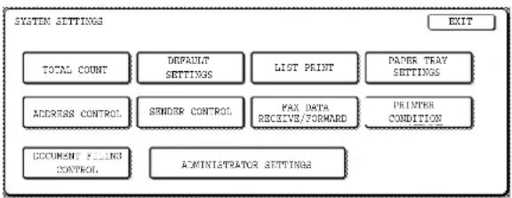 SYSTEM SETTINGS TOTAL COUNT DEFAULT SETTINGS LIST PRINT PAPER TRAY SETTINGS ADDRESS CONTROL SPNDER CONTROL MAX DATA RECEIVE/FORMARD PRINTER CONDITION DOCUMENT FILLING CONTROL ADMINISTRATOR SETTINGS EXIT