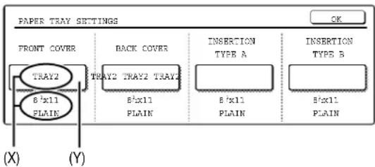 PAPER TRAY SETTINGS FRONT COVER TRAY2 B'x11 PLAIN (X) (Y) BACK COVER TRAY2 TRAY2 TRAY2 B'x11 PLAIN INSERTION TYPE A B'x11 PLAIN INSERTION TYPE B B'x11 PLAIN OK