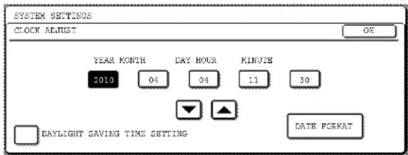 SYSTEM SETTINGS CLOCK ADJUST YEAR KONTH DAY HOUR KINUTE 2010 04 04 11 30 DAYLIGHT SAVING TIME SETTING DATE FORMAT