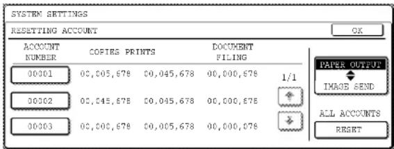 SYSTEM SETTINGS RESETTING ACCOUNT ACCOUNT NUMBER COPIE PRINTS DOCUMENT FILING 00001 00,005,678 00,045,678 00,000,678 1/1 00002 00,045,678 00,045,678 00,000,678 00003 00,000,678 00,005,678 00,000,678 PAPER OUTPUT IMAGE SEND ALL ACCOUNTS RESET