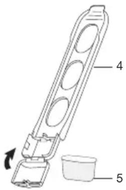 Technical diagram of a mechanical device with labeled parts 4 and 5, showing internal components and a rotation arrow.