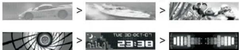 Composite image showing four grayscale images: a car, a speedboat, a futuristic circular graphic with 'TUE 30-OCT-07' and '23:38', each followed by a digital display.