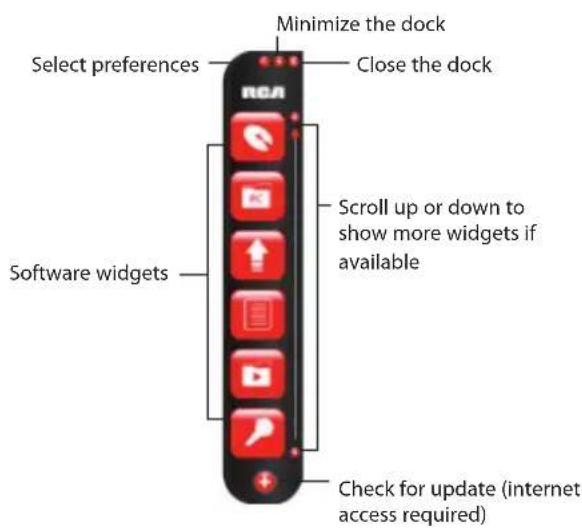 Minimize the dock Select preferences Close the dock Software widgets Scroll up or down to show more widgets if available Check for update (internet access required)