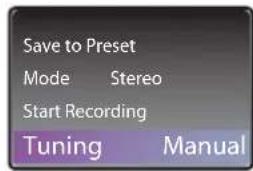 Save to Preset Mode Stereo Start Recording Tuning Manual