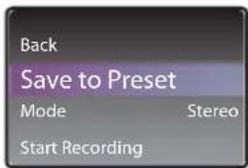 Back Save to Preset Mode Stereo Start Recording