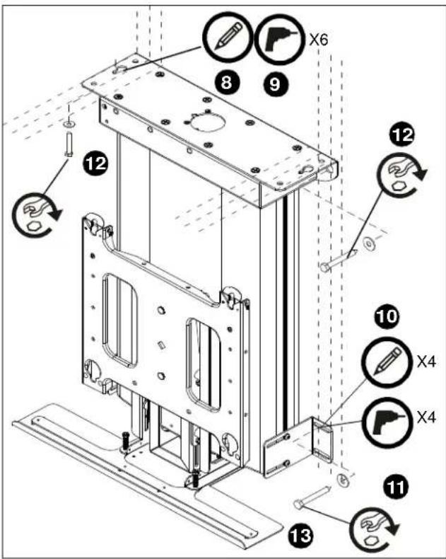 Technical diagram of a mechanical assembly with numbered components and tool icons, likely for assembly or maintenance instructions.
