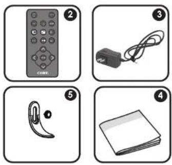 Four-step diagram showing a remote control, cable, earbell, and book with numbered labels.