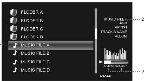 FLODER A FLODER B FLODER C FLODER D MUSIC FILE A MUSIC FILE B MUSIC FILE C MUSIC FILE D MUSIC FILE A... 2 4MB ARTIST TRACK'S NAME ALBUM 00:02:58 03:03:47 Repeat 3