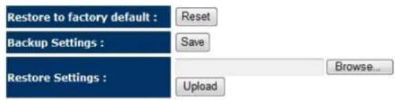 Restore to factory default : Reset Backup Settings : Save Restore Settings : Browse... Upload