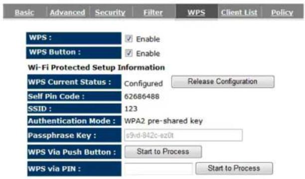 Basic Advanced Security Filter WPS Client List Policy WPS : ✓ Enable WPS Button : ✓ Enable Wi-Fi Protected Setup Information WPS Current Status : Configured Release Configuration Self Pin Code : 62686488 SSID : 123 Authentication Mode : WPA2 pre-shared key Passphrase Key : e9vd-842c-ez0t WPS Via Push Button : Start to Process WPS via PIN : Start to Process